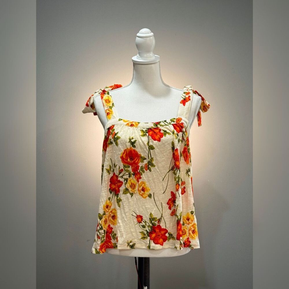 Cream Joie Floral Shoulder Tie Linen Blend Tank Size L EUC